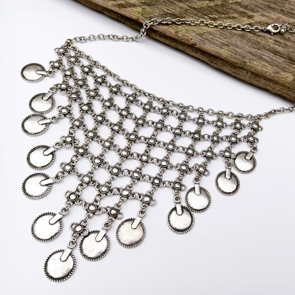 Boho Coin Necklace Gypsy Bib Silver Tone Chain Mail - Picture 4 of 4